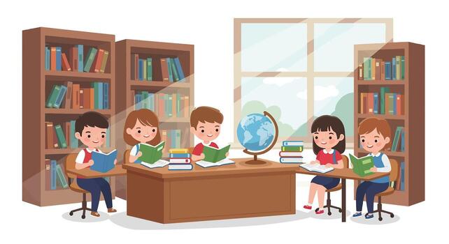 Children reading books in a library with bookshelves and a globe. vector