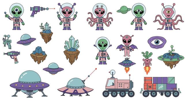 Collection of Cartoon Aliens, Spaceships, and Sci-Fi Objects vector