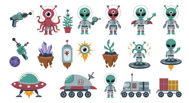 colección de estilo de dibujos animados extraterrestres, naves espaciales, y extraterrestre objetos. vector