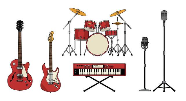 Collection of Red Musical Instruments for a Band Performance. vector