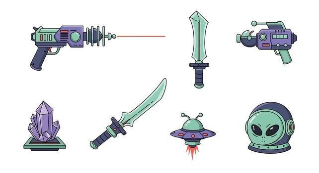 colección de retro ciencia ficción armas, extraterrestre artefactos, y astronave. vector