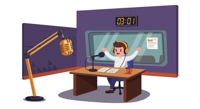 Enthusiastic radio host broadcasting live from a studio with microphone and equipment. vector
