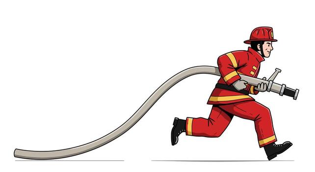 Firefighter in Red Uniform Running with Hose and Nozzle. vector