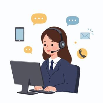 Friendly Customer Service Representative Working at a Computer with Communication Icons. vector