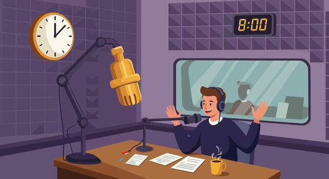 Radio Host Speaking into Microphone in Studio with Clock and Digital Timer. vector