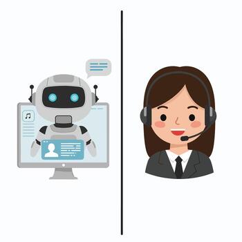 Robot Assistant on Computer Screen Versus Human Customer Service Representative. vector