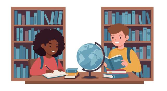 Two diverse children studying at a table with a globe and bookshelves. vector