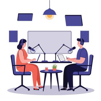 dos personas grabación un podcast en un estudio con micrófonos y ordenadores. vector