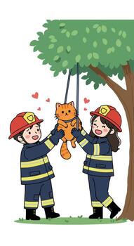 Two smiling firefighters rescue a ginger cat from a tree. vector