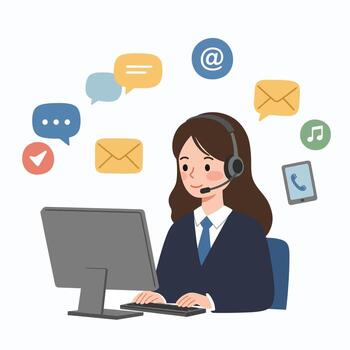 Woman in headset working at computer with communication icons. vector