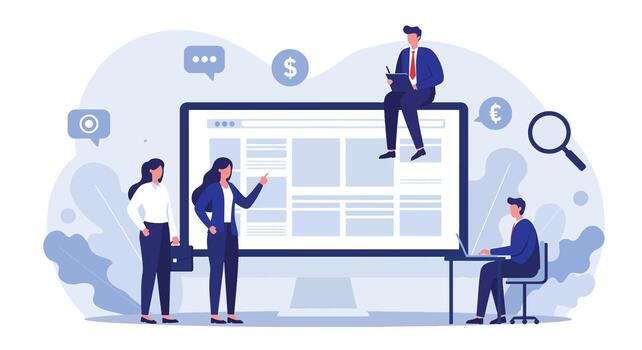 Business Team Collaborating Around Large Computer Screen. vector