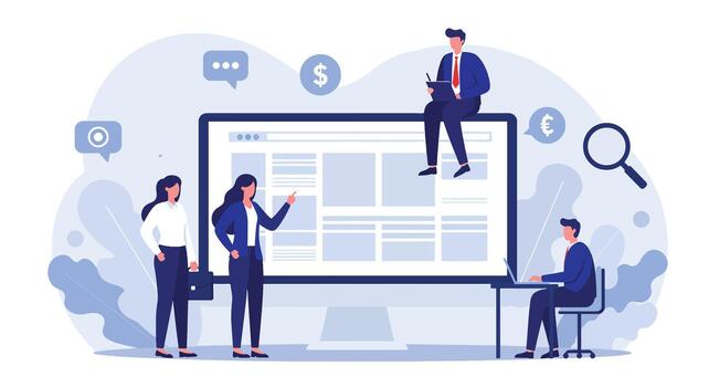 Business Team Collaborating Around Large Computer Screen. vector