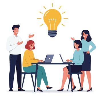 Team Brainstorming Session with Bright Idea Lightbulb. vector