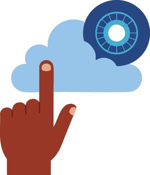 Hand pointing at cloud with gear icon representing cloud technology and settings concept in illustration vector