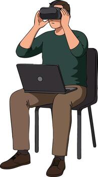 Man using virtual reality headset with laptop sitting on chair technology and digital interaction concept vector