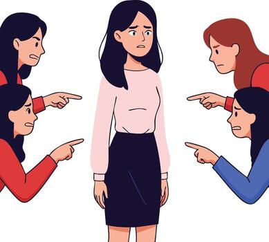 mujer frente a crítica y culpa desde múltiple personas en confrontación ilustración vector