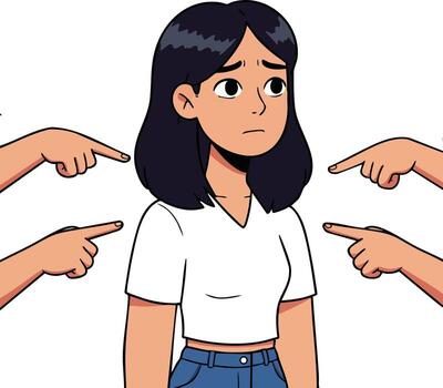 joven mujer frente a culpa y juicio desde múltiple señalando manos expresando social presión y aislamiento en moderno ilustración vector