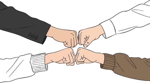 Four diverse hands fist bumping together symbolizing teamwork and unity in business collaboration illustration vector