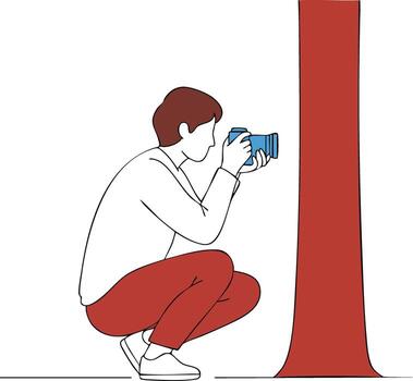 Photographer capturing photo with camera near tree trunk in simple illustration style vector