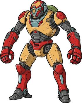 Futuristic robot warrior with red and beige armor in dynamic stance illustration vector