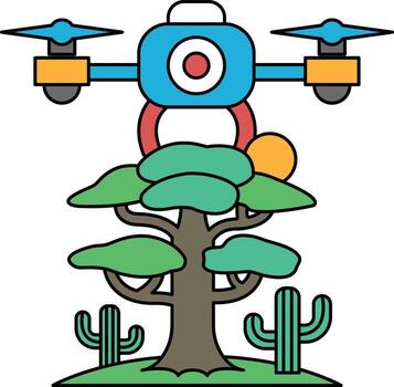 A drawing of a tree with a drone flying above it vector
