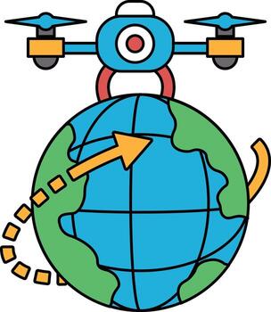 A drawing of a globe with a drone on top of it vector