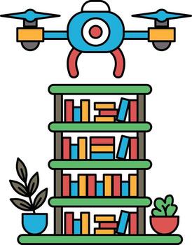 A black and white drawing of a bookshelf with a drone on top vector