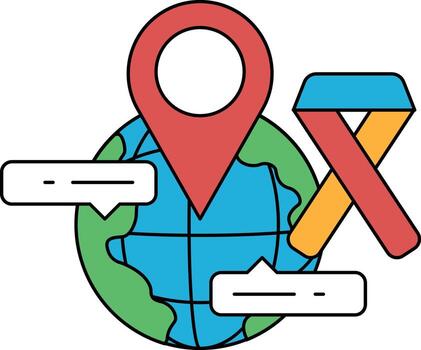 A map of the world with a pin on it and a ribbon on the right side vector