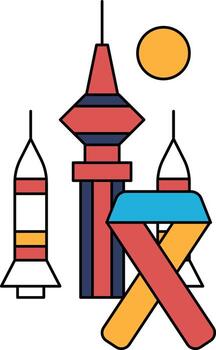 un dibujo de un ciudad con un grande edificio y Tres cohetes vector