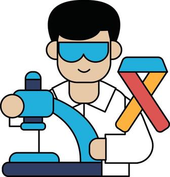 A man in a lab coat is smiling and holding a ribbon vector