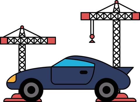 A car is being built in a factory with cranes in the background vector