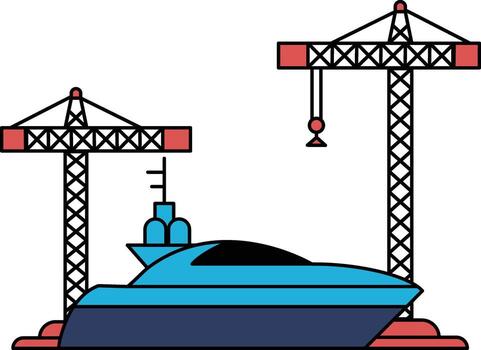 un barco es siendo construido en un muelle con grúas en el antecedentes vector