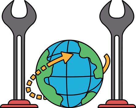 A globe with a wrench and a screwdriver on it vector