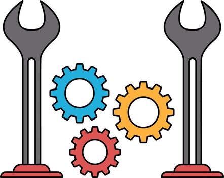 A black and white drawing of two wrenches with three gears between them vector