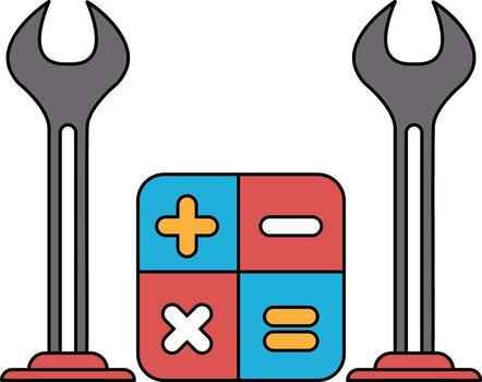 A black and white drawing of a wrench and a calculator with the numbers 1, 2, 3 vector