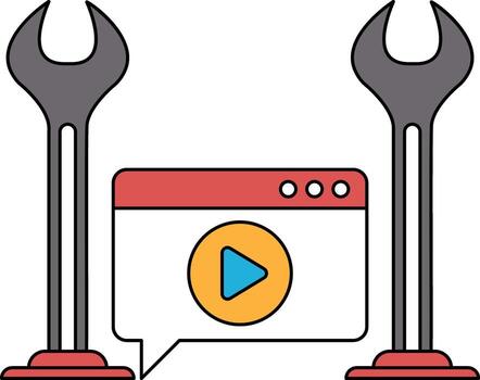 A pair of wrenches are shown next to a computer screen with a playing vector