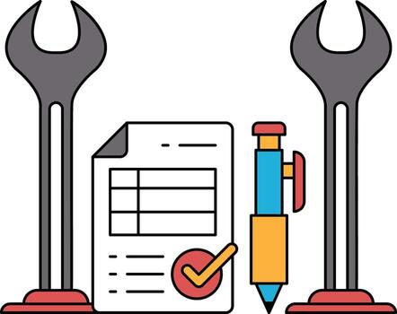 A wrench, a pen, and a piece of paper with a check mark on it vector