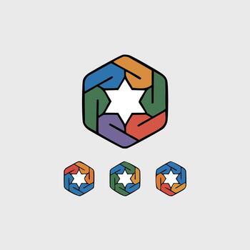 Vibrant hexagonal emblem of diverse hands coming together to form a star, an abstract symbol of unity, community, and teamwork vector