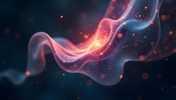 Abstract Glowing Energy Wave with Particle Dust on Dark Background Science Technology Future Concept photo