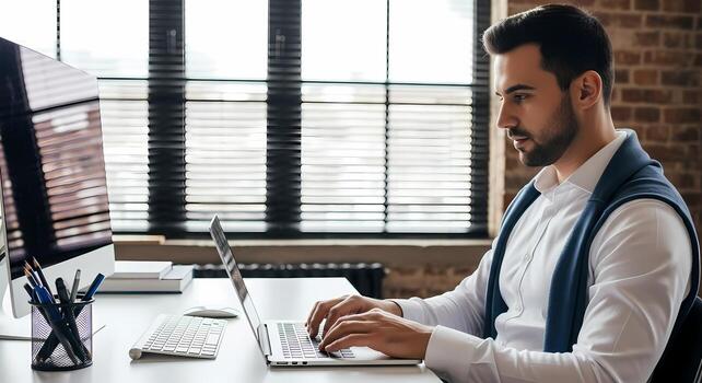 Man working on laptop at modern office desk with computer and window blinds photo