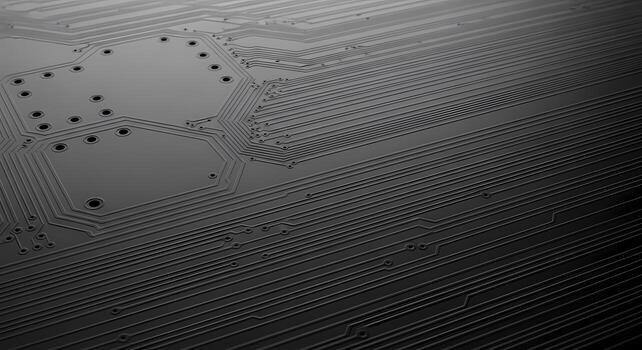 Close up Abstract of a Futuristic Dark Circuit Board with Glowing Connections and Data Pathways photo