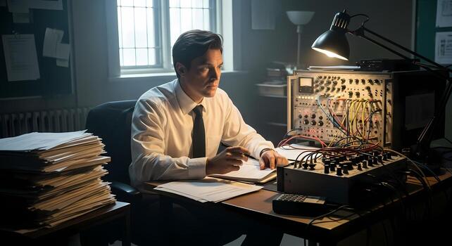 Retro Scientist Working with Vintage Analog Synthesizer and Stack of Papers photo