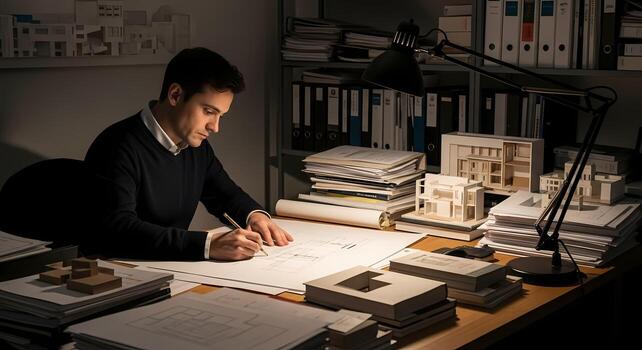 Architect working late at desk with building models and blueprints drafting a new design in a dimly lit studio Professional creative focused and dedicated to architectural planning photo