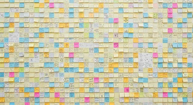 Overhead View of Brainstorming Wall Covered in Colorful Sticky Notes with Ideas Drawings and Notes photo