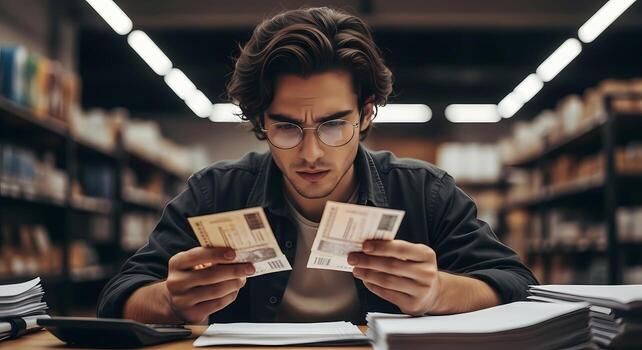 Young man with glasses comparing two bills or receipts concerned expression surrounded by stacks of paper and a calculator on a desk in a library or office setting photo
