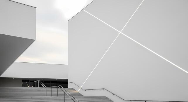 Modern Architecture Abstract Minimalist White Building with Geometric Light Lines and Stairs, minimalist architecture photo