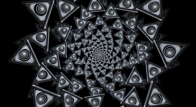 Triangular Fractal Spiral Illusion Swirling Patterns on Black Background, sharp photo