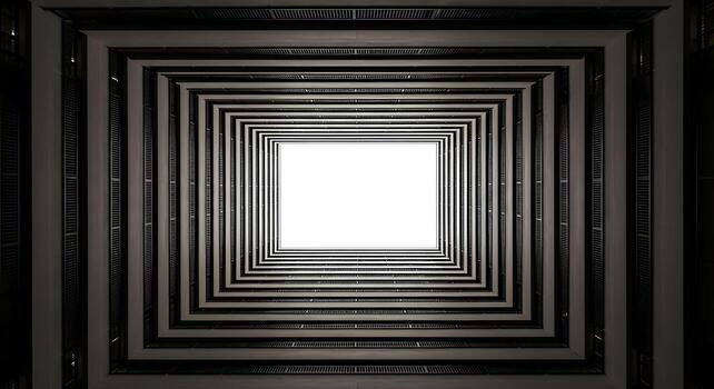 Geometric perspective of a modern building's atrium looking up towards the sky, abstract architecture pattern, ceiling photo