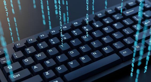 Technology Background, Computer Keyboard with Falling Binary Code, Digital Data Stream, computing photo