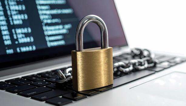 Computer Security Padlock and Chain on Laptop Keyboard with Code on Screen, online photo